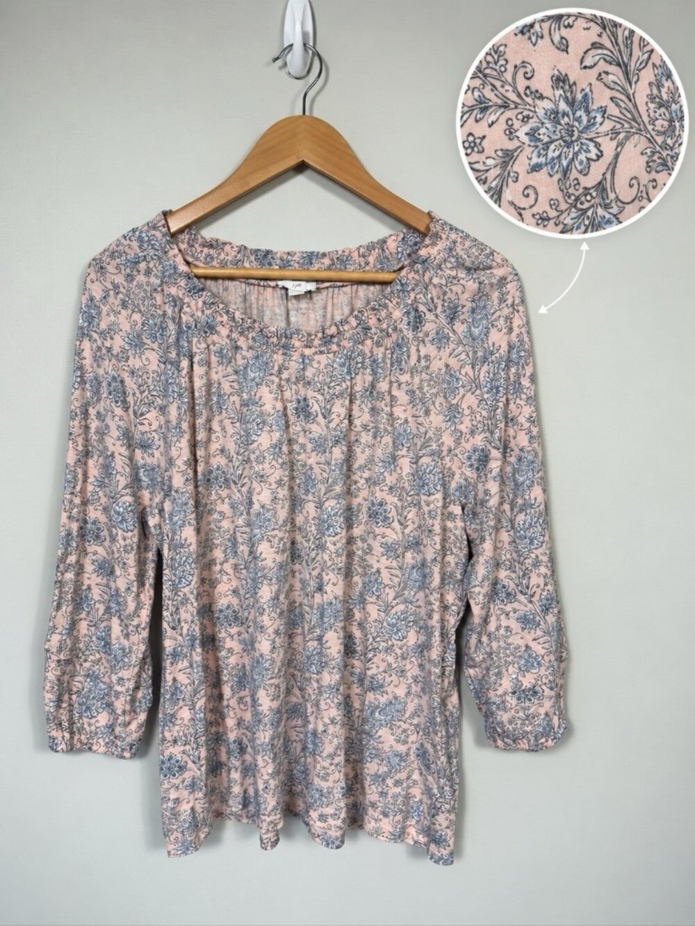 J Jill Top Womens Floral Pink Blue Large Cotton Tencel Feminine Blouse